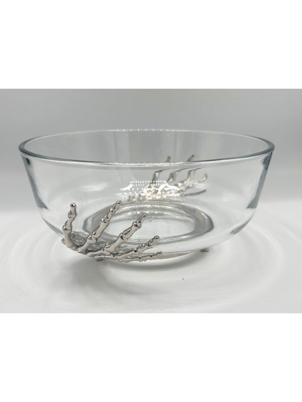 NWT TMD SILVER METAL SKELETON HANDS FOOTED GLASS BOWL HALLOWEEN GOTHIC CANDY